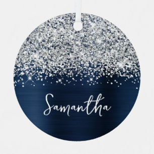 Glittery Silver Navy Blue Glam Name Ornament Aus Metall
