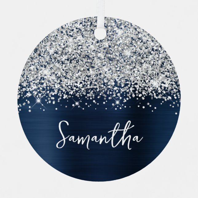 Glittery Silver Navy Blue Glam Name Ornament Aus Metall (Vorderseite)