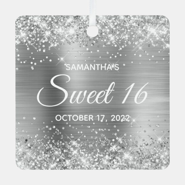Glittery Silver Ombre Foil Sweet 16 Ornament Aus Metall (Vorderseite)