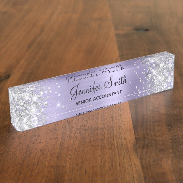 Glittery Silver Pale Lavendel Foil Namensplakette (Seite)
