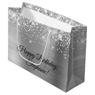 Glittery Silver Personalisiert Happy Birthday Große Geschenktüte