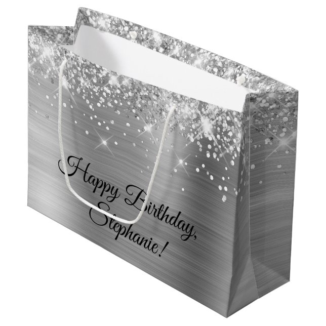 Glittery Silver Personalisiert Happy Birthday Große Geschenktüte (Vorderseite Schrägansicht)
