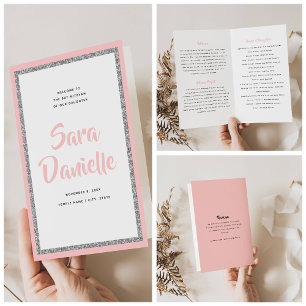 Glittery Silver & Pink Bat Mitzvah Faltprogramm Flyer