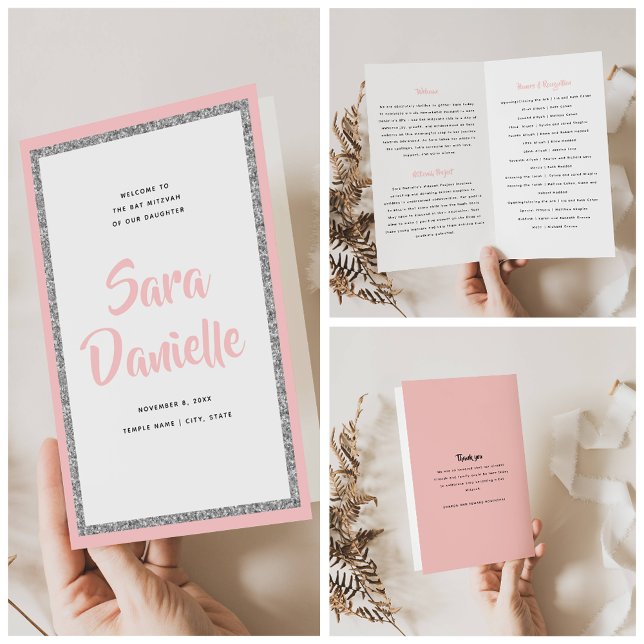 Glittery Silver & Pink Bat Mitzvah Faltprogramm Flyer (Von Creator hochgeladen)