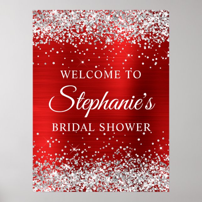 Glittery Silver Red Foil Bridal Shower Welcome Poster (Vorne)