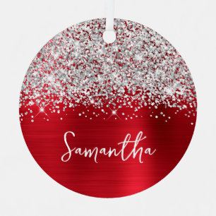 Glittery Silver Red Glam Name Ornament Aus Metall