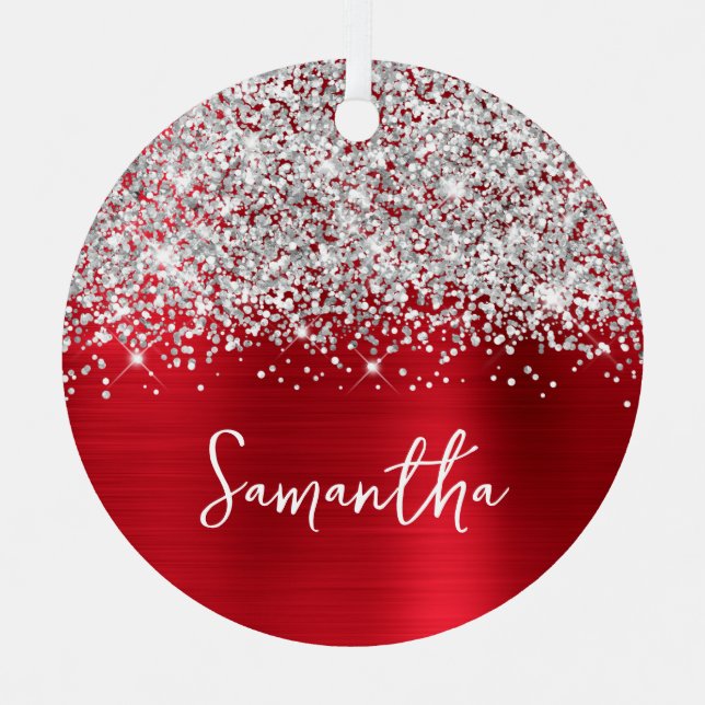 Glittery Silver Red Glam Name Ornament Aus Metall (Vorderseite)