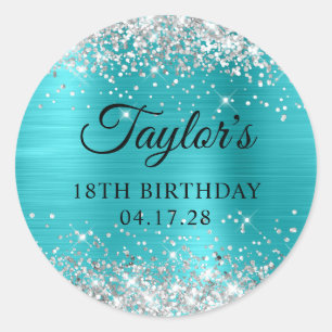 Glittery Silver Turquoise Blue Foil 18. Geburtstag Runder Aufkleber