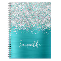 Glittery Silver Turquoise Blue Glam Script Name