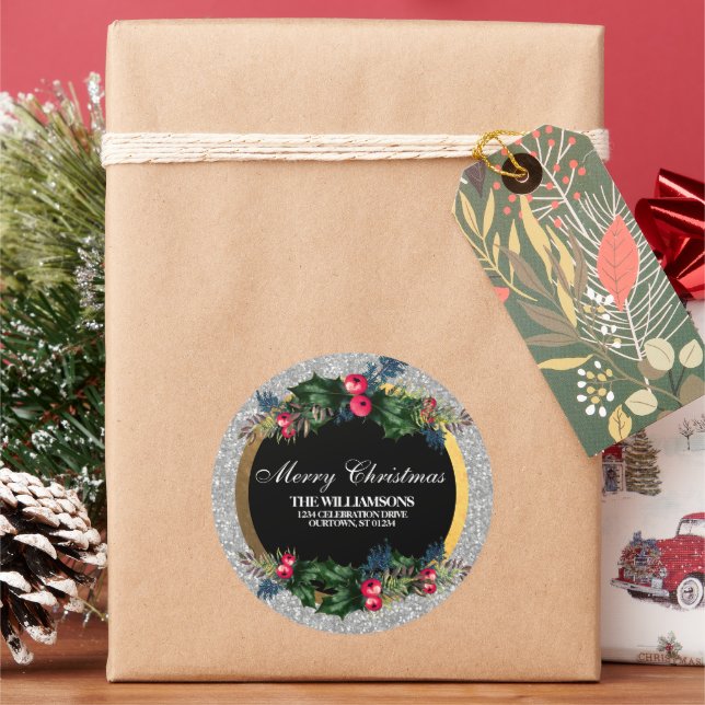 Glittery Silver und Gold Family Address Runder Aufkleber (Feiertag)