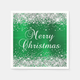 Glittery Silver und Green Frohe Weihnachten Serviette