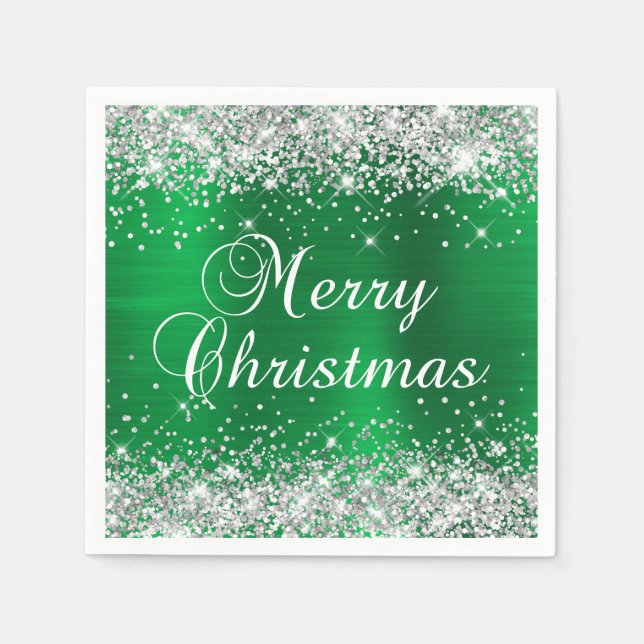 Glittery Silver und Green Frohe Weihnachten Serviette (Vorderseite)