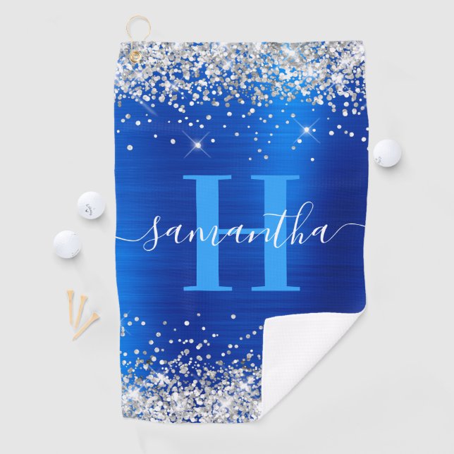 Glittery Silver und Royal Blue Foil Mit Monogramm Golfhandtuch (Insitu)
