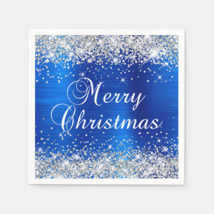 Glittery Silver und Royal Blue Frohe Weihnachten Serviette