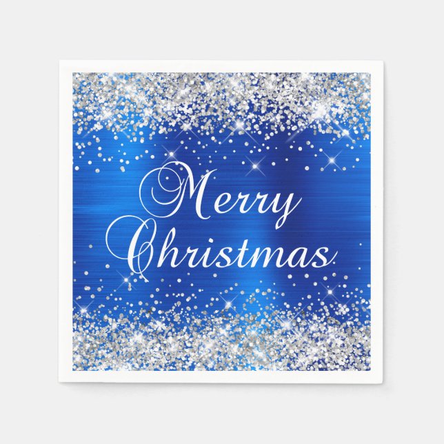 Glittery Silver und Royal Blue Frohe Weihnachten Serviette (Vorderseite)