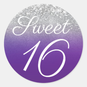 Glittery Silver und Royal Lila Ombre Sweet 16 Runder Aufkleber