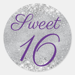 Glittery Silver und Royal Lila Sweet 16 Runder Aufkleber