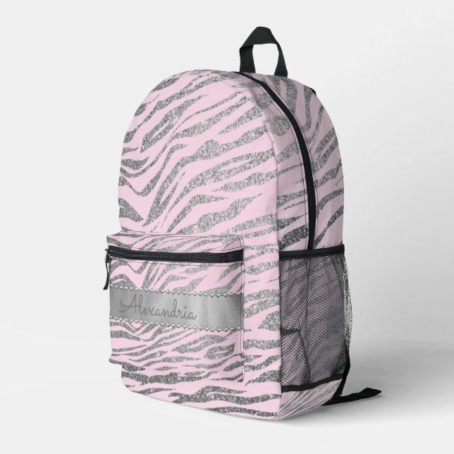 Glittery Silver Zebra Print on Pink Personalisiert Bedruckter Rucksack (Rückseitige Ecke Rechts)