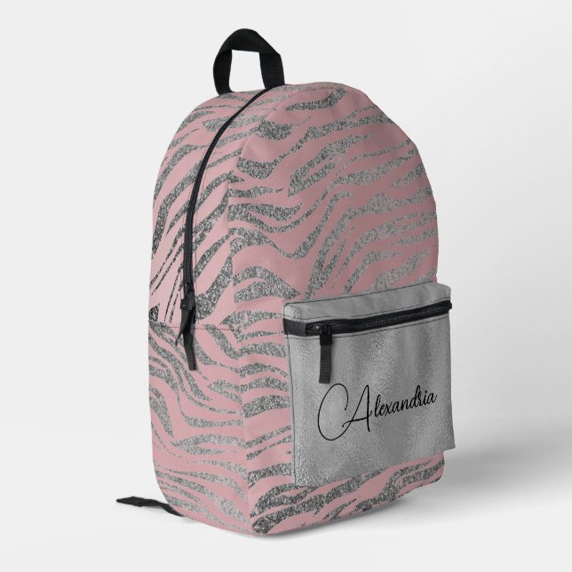 Glittery Silver Zebra Print on Pink Personalisiert Bedruckter Rucksack (Rückseitige Ecke links)