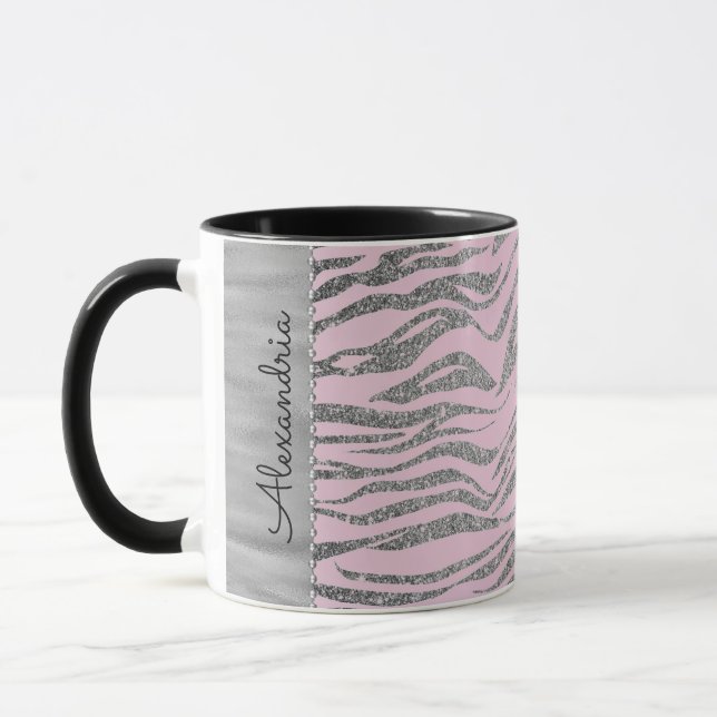 Glittery Silver Zebra Print on Pink Personalisiert Tasse (Links)