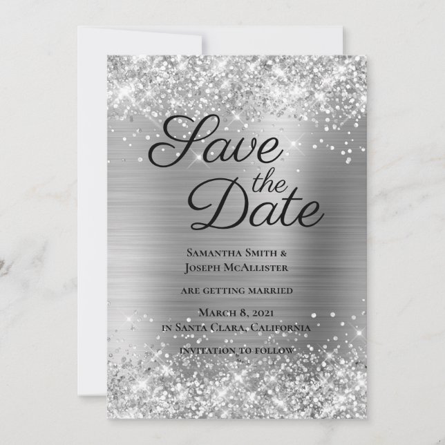 Glittery Silvery Gray Ombre Foil Save The Date (Vorderseite)