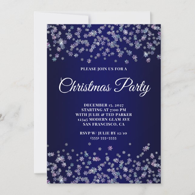 Glittery Snowflakes Navy Ombre Christmas Party Einladung (Vorderseite)