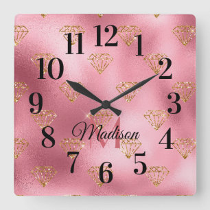 Glittery Sparkling Blush Pink Gold Monogram Name Quadratische Wanduhr
