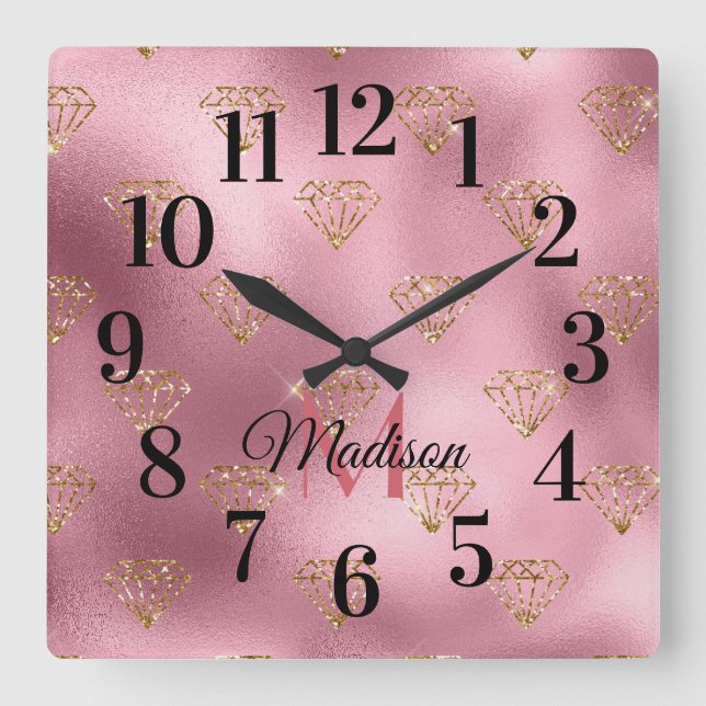 Glittery Sparkling Blush Pink Gold Monogram Name Quadratische Wanduhr (Vorderseite)