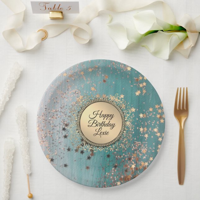 Glittery Stardust auf Blue Aquamarin Pappteller (Hochzeit)