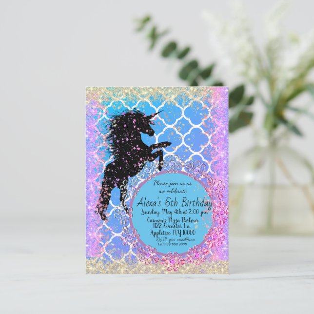 Glittery Starry Whimsical Unicorn Custom Postkarte (Stehend Vorderseite)