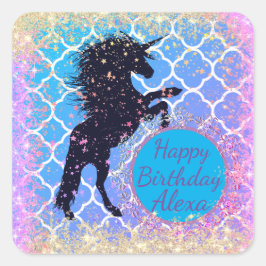 Glittery Starry Whimsical Unicorn Quadratischer Aufkleber