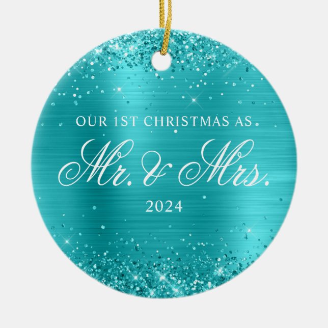 Glittery Türkis Blue Foil Unser 1. Weihnachten Keramik Ornament (Vorne)