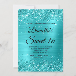 Glittery Türkise Blue Foil Sweet 16 Einladung