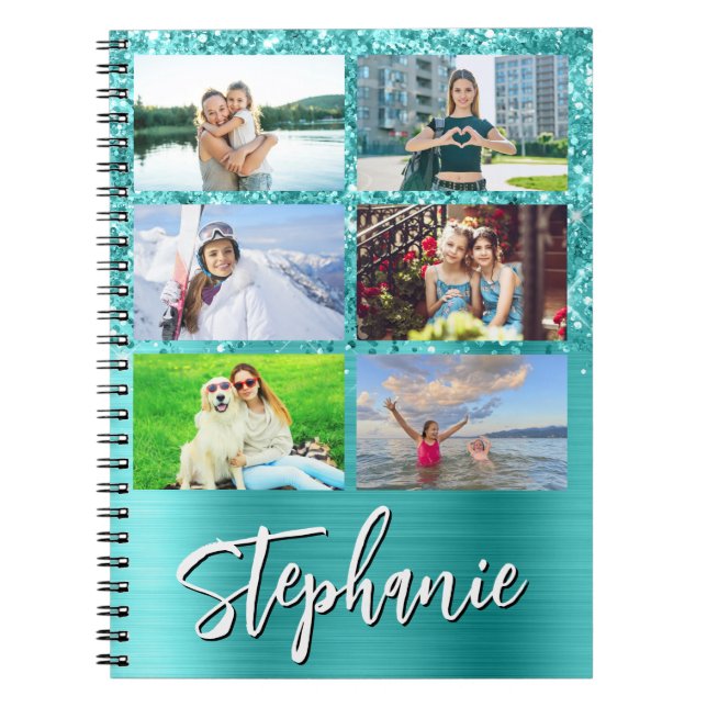 Glittery Turquoise Blue Glam 6 Photo Collage Notizblock (Vorderseite)