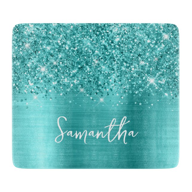 Glittery Turquoise Blue Glam Name Schneidebrett (Vorderseite)