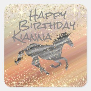 Glittery Unicorn Personalisiert Geburtstag Quadratischer Aufkleber