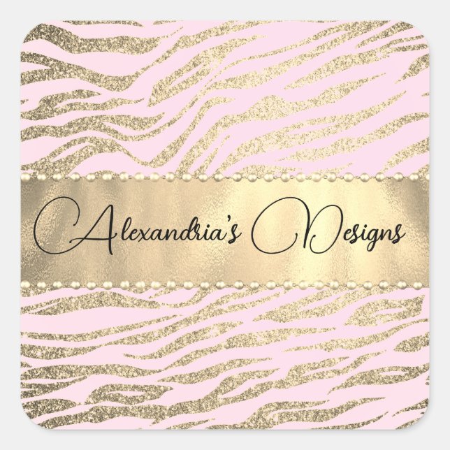 Glittery Zebra Print on Pink Logo Personalisiert Quadratischer Aufkleber (Vorderseite)