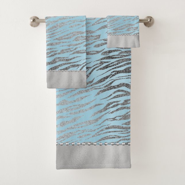 Glittery Zebra Print on Turqoise Bath Handtuch Set (Insitu)