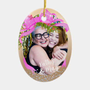 Glitting Pink Ribbon Foto Weihnachten Gold Keramik Ornament