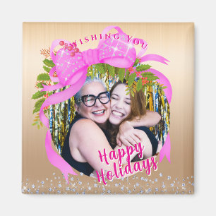 Glitting Pink Ribbon Weihnachtsgold Magnet
