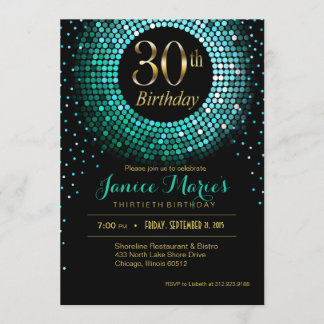 Glitz Bling Confetti 30. Geburtstag Aqua Gold schw Einladung