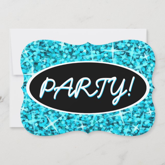 Glitz Blue 'Party', schwarze ovale Klammer Einladung (Vorderseite)