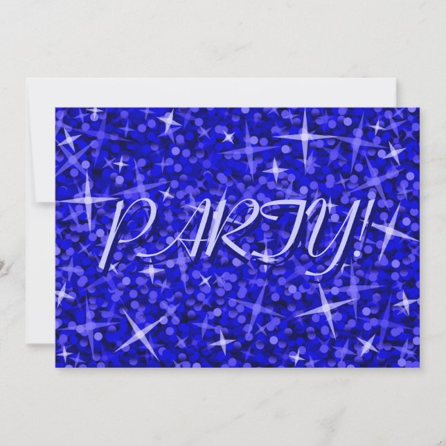 Glitz Dark Blue 'Party' Einladung blauer Text (Vorderseite)