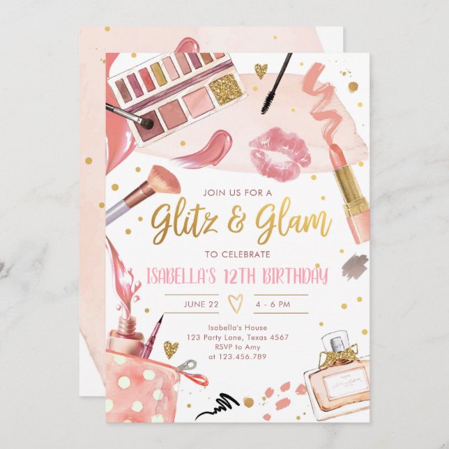 Glitz Glam Glamour Wellness-Center Party Girl Make Einladung (Vorne/Hinten)