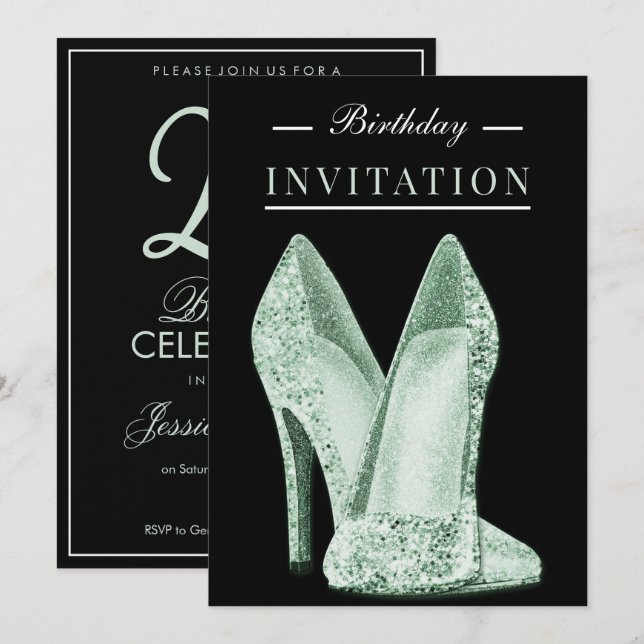 Glitz & Glamour Green 25. Geburtstag Einladung (Vorne/Hinten)