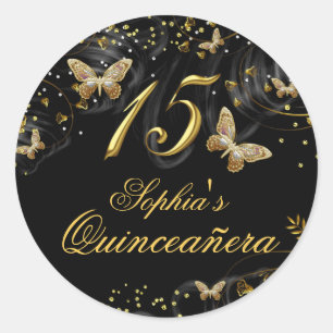 Glitz Gold & Black Schmetterling Quinceanera Aufkl Runder Aufkleber