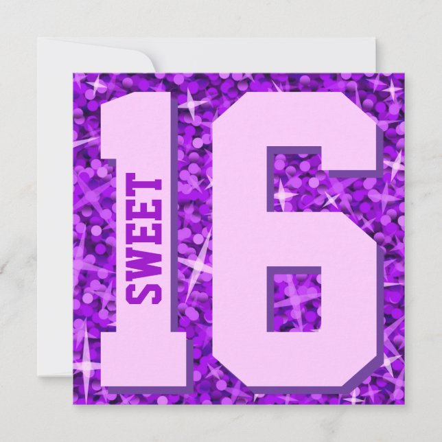 Glitz Lila Einladung "Sweet 16" Platz (Vorderseite)