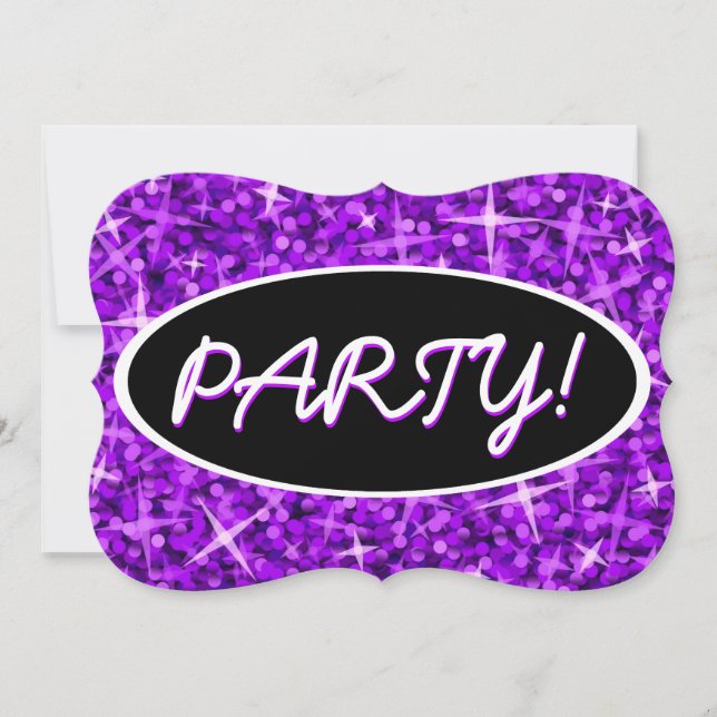 Glitz Lila "Party" schwarze ovale Klammer Einladung (Vorderseite)