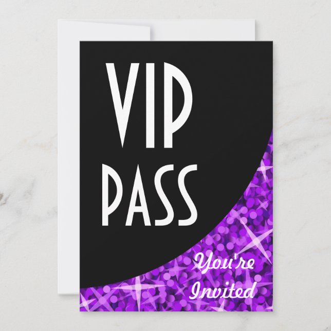 Glitz Lila schwarze Kurve Einladung "VIP Pass" (Vorderseite)