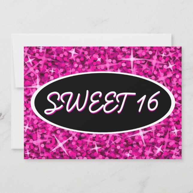 Glitz Pink "Sweet 16" schwarze ovale Einladung (Vorderseite)